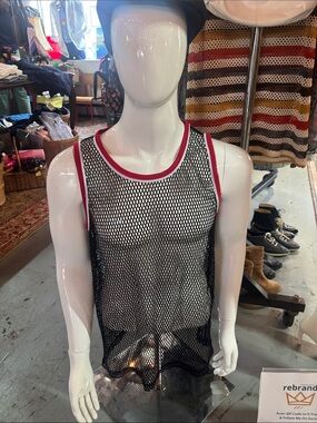 Men's Black Mesh Tank Top with Red Trim